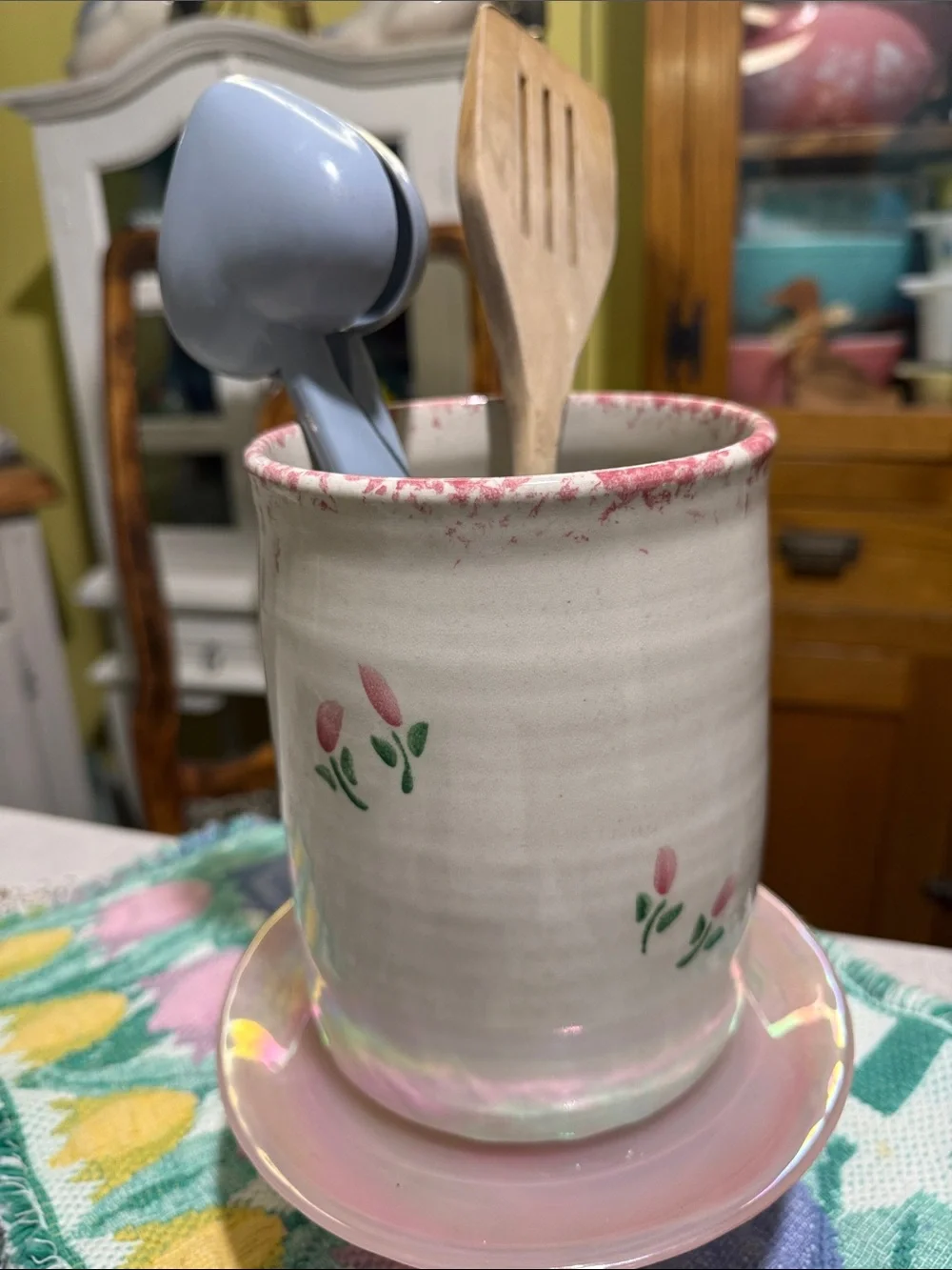 Vintage stoneware crock Utensil Holder cottagecore  Floral pink sponge-ware